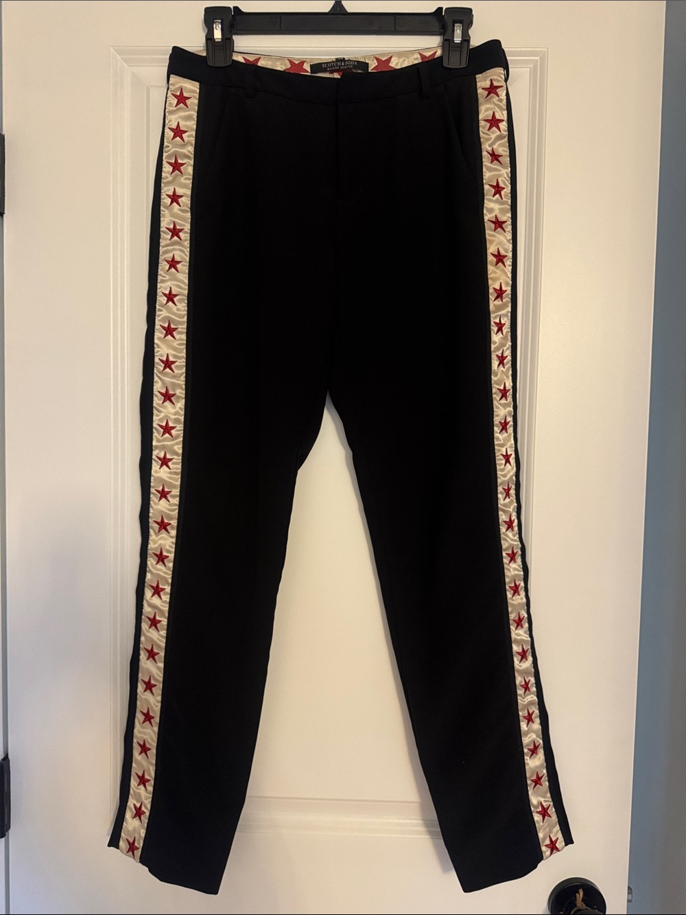 Scotch & Soda Black Dress Pants with Cream Stripe and Red Star Trim